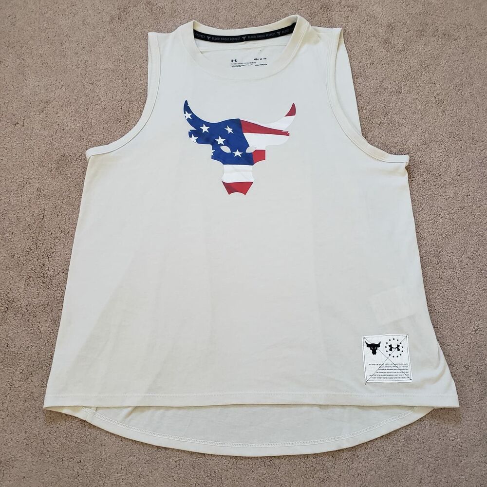Under Armour Project Rock Tank Top Patriotic Brahma Bull Graphic Summit White M